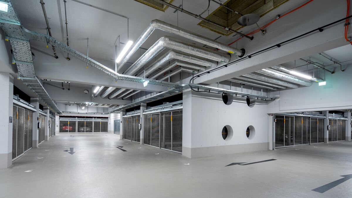 Overview of the underground car park with the parking systems