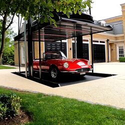 A car is parked on the parking system.