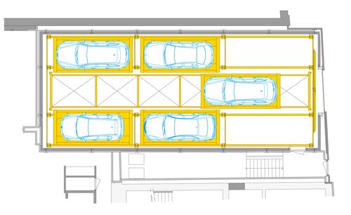 L'illustration montre la disposition des places de stationnement au niveau d'entrée d'un système de stationnement