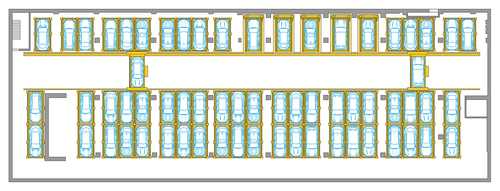 The image shows an automated parking system with space-efficiently arranged vehicles.