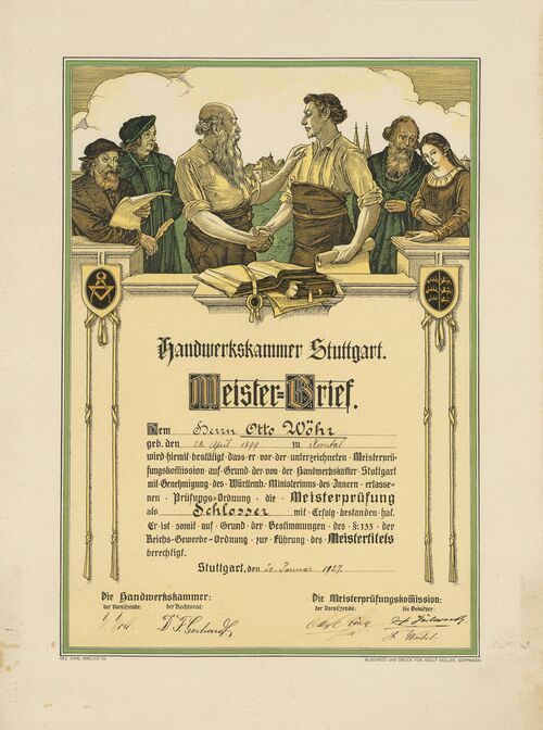 Diplôme attestant le statut de maître serrurier d'Otto Wöhr