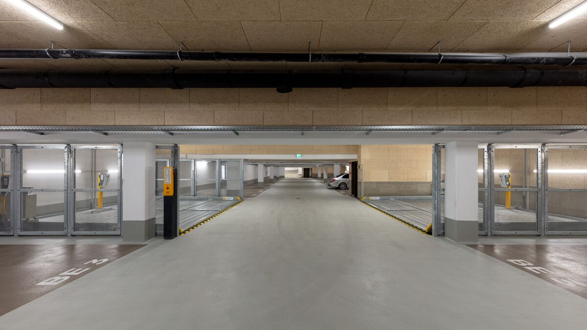 Overview of an underground car park with parking systems
