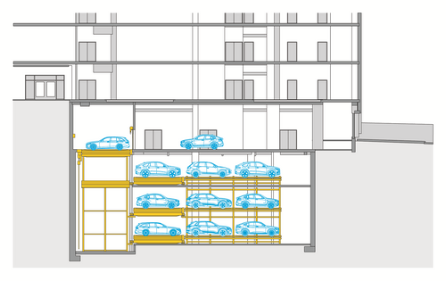 The image shows an automated parking system in which vehicles are parked on different levels in a space-saving manner using a lift and multiple parking platforms.