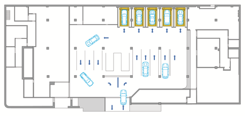 The image shows the entry and transfer area of an automated parking system with multiple parking spaces.