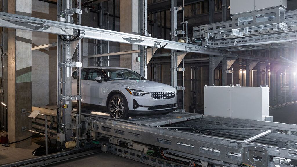 The car is automatically moved to its parking space within the parking system.