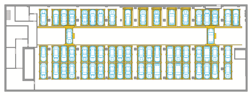 The image shows an automated parking system with space-efficiently arranged vehicles.