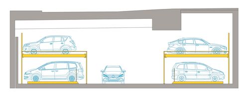 The diagram shows a cross-section of the parking systems and the driving lane
