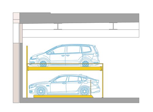 The diagram shows a cross-section of the parking system, with the levels stacked one on top of the other