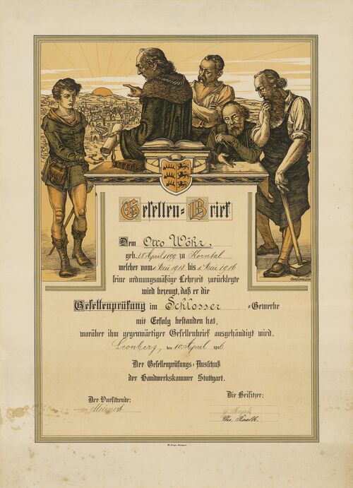 Certificat délivré à Otto Wöhr fils pour avoir réussi son examen de compagnon