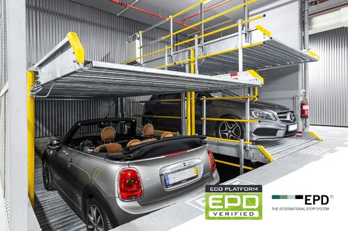 Système de stationnement avec voiture et logo du certificat EPD